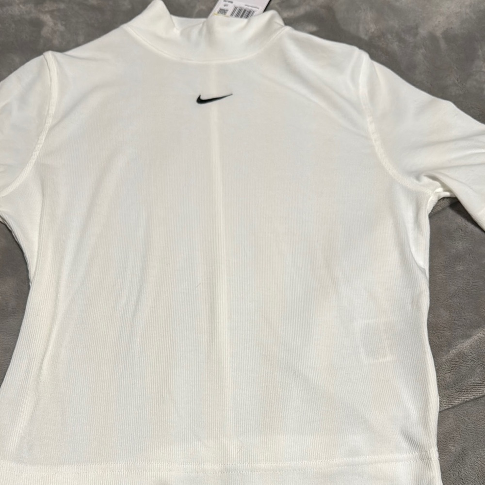 Nike White Fitted Long Sleeve Tee with Mandarin Collar
